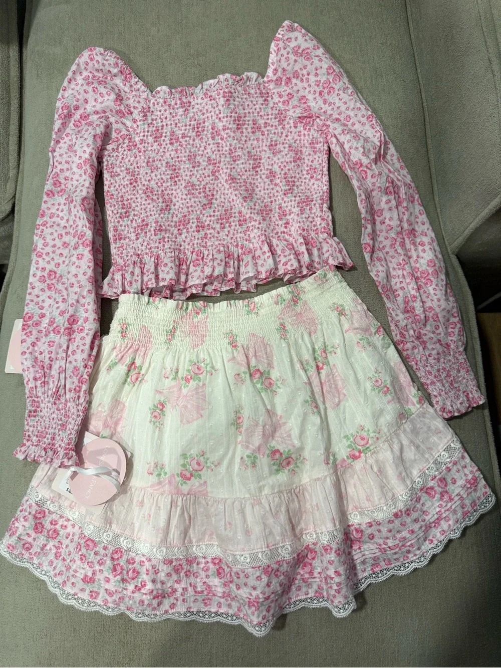 LoveShackFancy Girls Pink Floral Smocked Top & Cream Floral Tiered Skirt Set